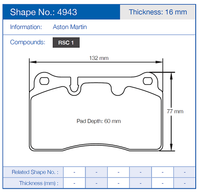 Thumbnail for Technical drawing of pagid 4943 brake pads with dimensions and Aston Martin branding
