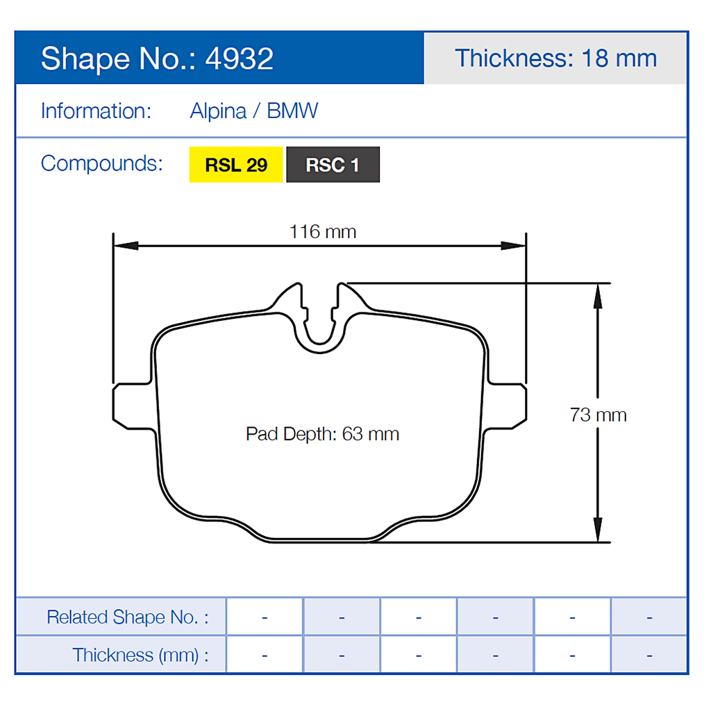 Pagid 4932 Technical diagram of a brake pad with dimensions and specifications.