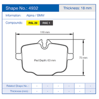 Thumbnail for Pagid 4932 Technical diagram of a brake pad with dimensions and specifications.