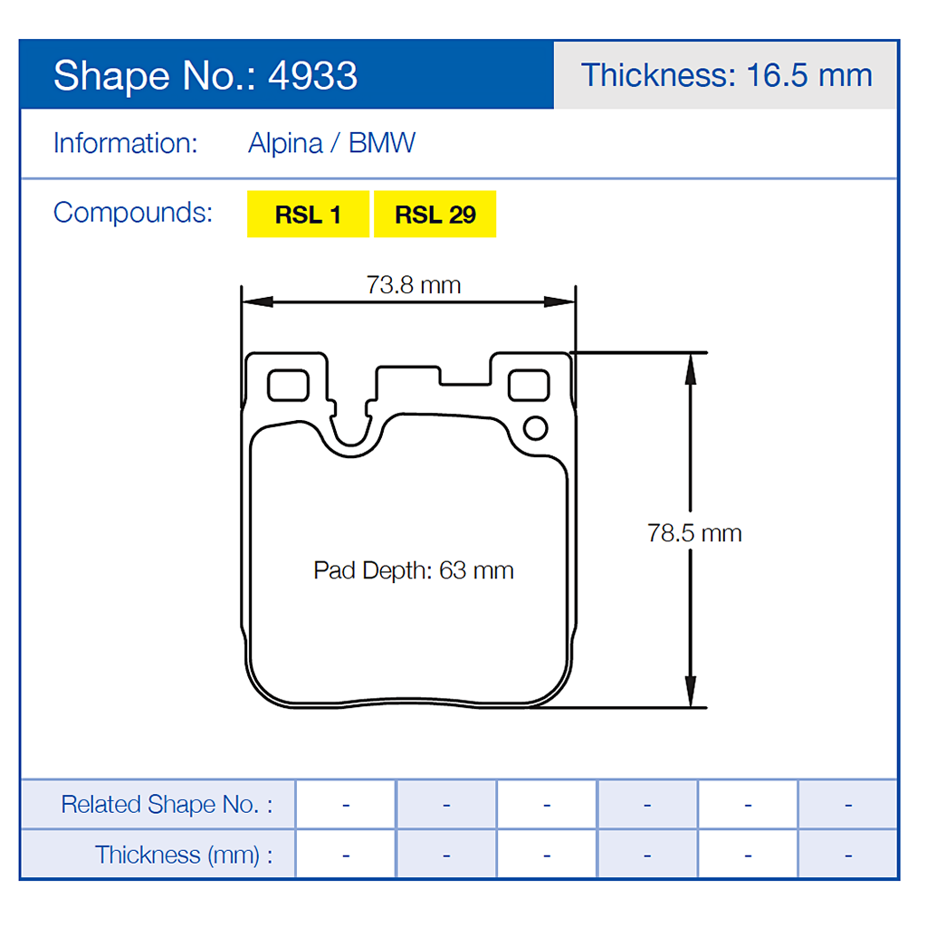 Technical diagram of a Pagid 4933 brake pad with dimensions and specifications.