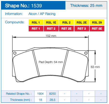Pagid Racing Brake Pad Technical specification sheet for brake pads showing Shape No. 1539 with dimensions, including a pad profile diagram, thickness of 25 mm, and compound color codes for Alcon / AP Racing.
