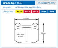 Thumbnail for Technical specification diagram for a Pagid 1587 brake pad, showing dimensions labeled 76.7 mm, 65 mm, and pad depth 45 mm, with compound options RSL 29, RST 3, RST 4, RS 14, and RS 42.