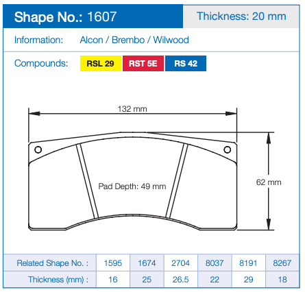 Pagid 1607 Brake Pad Technical specification sheet for a golf club face shape, showing a line drawing of a golf pad with dimensions (132 mm width, 62 mm height, 49 mm pad depth) and thickness data for Alcon / Brembo / Wilwood compounds.