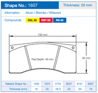 Thumbnail for Pagid 1607 Brake Pad Technical specification sheet for a golf club face shape, showing a line drawing of a golf pad with dimensions (132 mm width, 62 mm height, 49 mm pad depth) and thickness data for Alcon / Brembo / Wilwood compounds.
