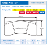 Thumbnail for Pagid 1674 Brake pad Technical specification sheet for a brake pad showing shape number 1674, thickness 25 mm, with a line drawing of the pad, dimensions 132 mm by 62 mm, pad depth 49 mm, and compound options listed in yellow and red.