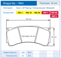 Thumbnail for Pagid 1904 Technical specification sheet for brake pads, showing shape number 1904 with dimensions, material options, and related shape and thickness data in a table.