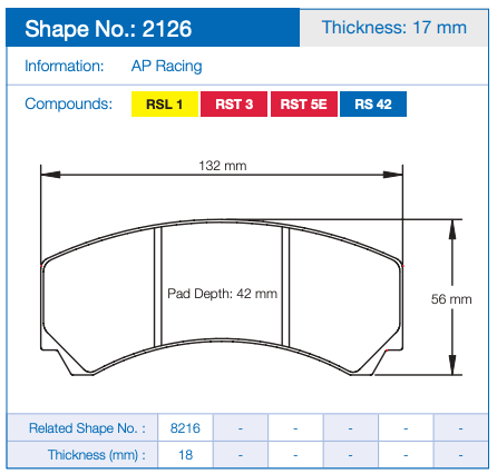 Pagid 2126 Technical specification diagram for a brake pad, showing shape number 2126 with dimensions: 132 mm width, 56 mm height, and 42 mm pad depth. Includes color-coded compound labels (RSL 1, RSL 3, RSL 5E, RS 42) and a data table at the bottom.