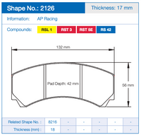Thumbnail for Pagid 2126 Technical specification diagram for a brake pad, showing shape number 2126 with dimensions: 132 mm width, 56 mm height, and 42 mm pad depth. Includes color-coded compound labels (RSL 1, RSL 3, RSL 5E, RS 42) and a data table at the bottom.