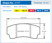 Thumbnail for Pagid 2127 Technical specification diagram for a brake pad, showing shape number 2127, thickness 16 mm, and dimensions including pad depth 44 mm and pad height 52 mm. Color-coded compound labels read RSL 1, RSL 29, RST 3, and RS 14 and RS 42.