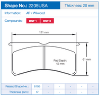 Thumbnail for Pagid 2205 Technical dimension drawing of a brake pad with labeled measurements, including overall width 121 mm, height 61 mm, and pad depth 43 mm. 