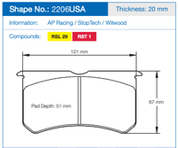 Thumbnail for Pagid 2206 Technical specification diagram of a brake pad, showing dimensions of 121 mm width, 67 mm height, and 51 mm pad depth, with blue, gray, yellow, and red text labels on a white background.