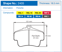 Thumbnail for Pagid 2405 Technical specification sheet for a Porsche brake pad, showing shape number 2405, thickness 18.5 mm, and dimensions 121 mm by 86 mm with pad depth 61 mm.