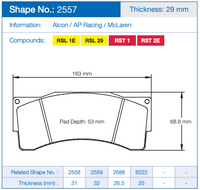 Thumbnail for Pagid 2557 Technical specification sheet for a brake pad showing Shape No. 2557, with dimensions, compound labels, and a line drawing on a white background with blue header.