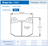 Thumbnail for Technical dimension drawing of a Pagid 2593 brake pad with measurements labeled 76.8 mm, 66 mm, and pad depth 51 mm, plus text showing Shape No.