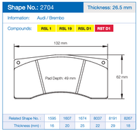 Thumbnail for Technical specification sheet for an Pagid brake pad, showing shape number 2704, thickness of 26.5 mm, and a side profile diagram with dimensions 132 mm, 62 mm, and pad depth 49 mm.