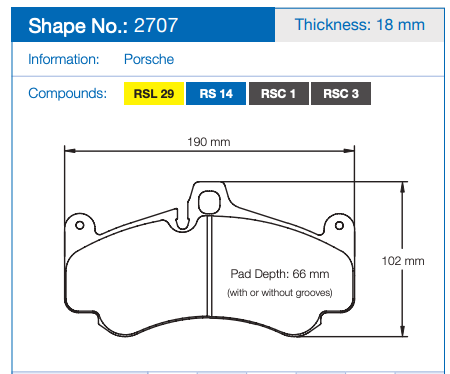 Technical specification diagram for a Pagid Porsche brake pad, showing shape number 2707, thickness 18 mm, with dimensions 190 mm width, 102 mm height, and pad depth 66 mm. Compound options RSL 29, RS 14, RSC 1, and RSC 3 are listed.