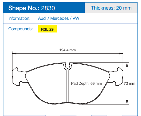 Pagid 2830 Brake Pad Dimension Image