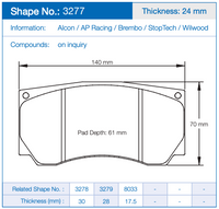 Thumbnail for Technical dimension diagram of a brake pad, Pagid 3277, showing measurements of 140 mm width, 70 mm height, and 61 mm pad depth, with material compatibility text for Alcon, AP Racing, Brembo, StopTech, and Wilwood.