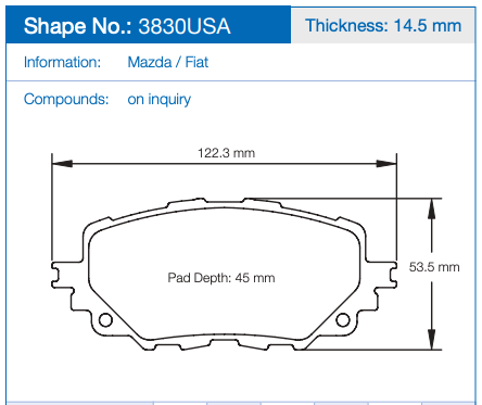 Technical dimension diagram of a brake pad, labeled Pagid 3830USA.