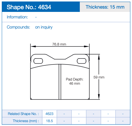 Technical dimension diagram of a brake pad, labeled with Pagid Shape 4634, Thickness: 15 mm, showing a 76.