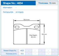 Thumbnail for Technical dimension diagram of a brake pad, labeled with Pagid Shape 4634, Thickness: 15 mm, showing a 76.