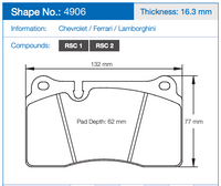 Thumbnail for Technical dimension diagram of a Pagid brake pad, labeled with shape number 4906, thickness 16.3 mm, and compatibility for Chevrolet, Ferrari, and Lamborghini.