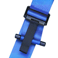 Thumbnail for A close-up of a blue webbed strap with a black plastic quick-release buckle and a black hook-and-loop fastener, shown on a plain white background.