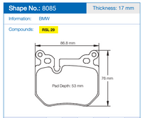 Thumbnail for Technical specification diagram for a Pagid 8085 brake pad, showing a side profile with dimensions: 86.8 mm width, 76 mm height, and 53 mm pad depth.