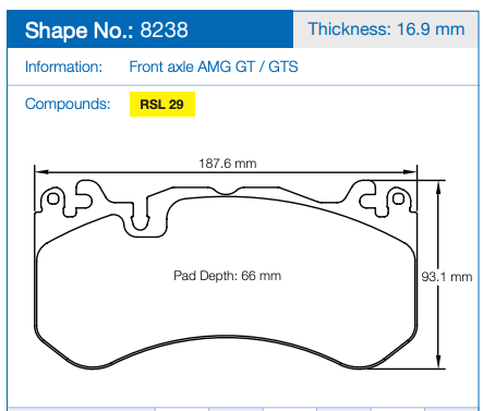 Technical specification diagram of a Pagid 8238 brake pad, showing shape number 8238, thickness 16.9 mm, front axle AMG GT / GTS, compound RSL 29, with dimensions 187.