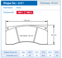 Thumbnail for Technical specification sheet for a Pagid 8267 Brake Pad, showing a side profile line drawing with dimensions (132 mm, 62 mm, 49 mm pad depth) and a table of related shape numbers and thickness values.