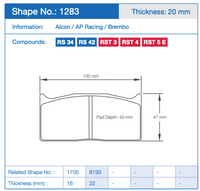 Thumbnail for Technical specification sheet for a Pagid 1283 brake pad, showing shape number 1283, thickness 20 mm, with a side profile diagram, compound codes RS 34, RS 42, RST 3, RST 4, and RST 5 E, and a data table at the bottom.