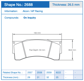 Technical specification sheet for a brake pad showing shape number 2688, thickness 26.5 mm, with a side-view dimension diagram and a data table for Alcon / AP Racing compounds.