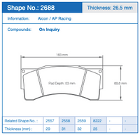 Thumbnail for Technical specification sheet for a brake pad showing shape number 2688, thickness 26.5 mm, with a side-view dimension diagram and a data table for Alcon / AP Racing compounds.