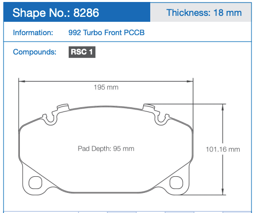 Technical dimension diagram of a Pagid 8286 brake pad with measurements labeled 195 mm width, 101.16 mm height, and pad depth 95 mm, plus text showing Shape No.