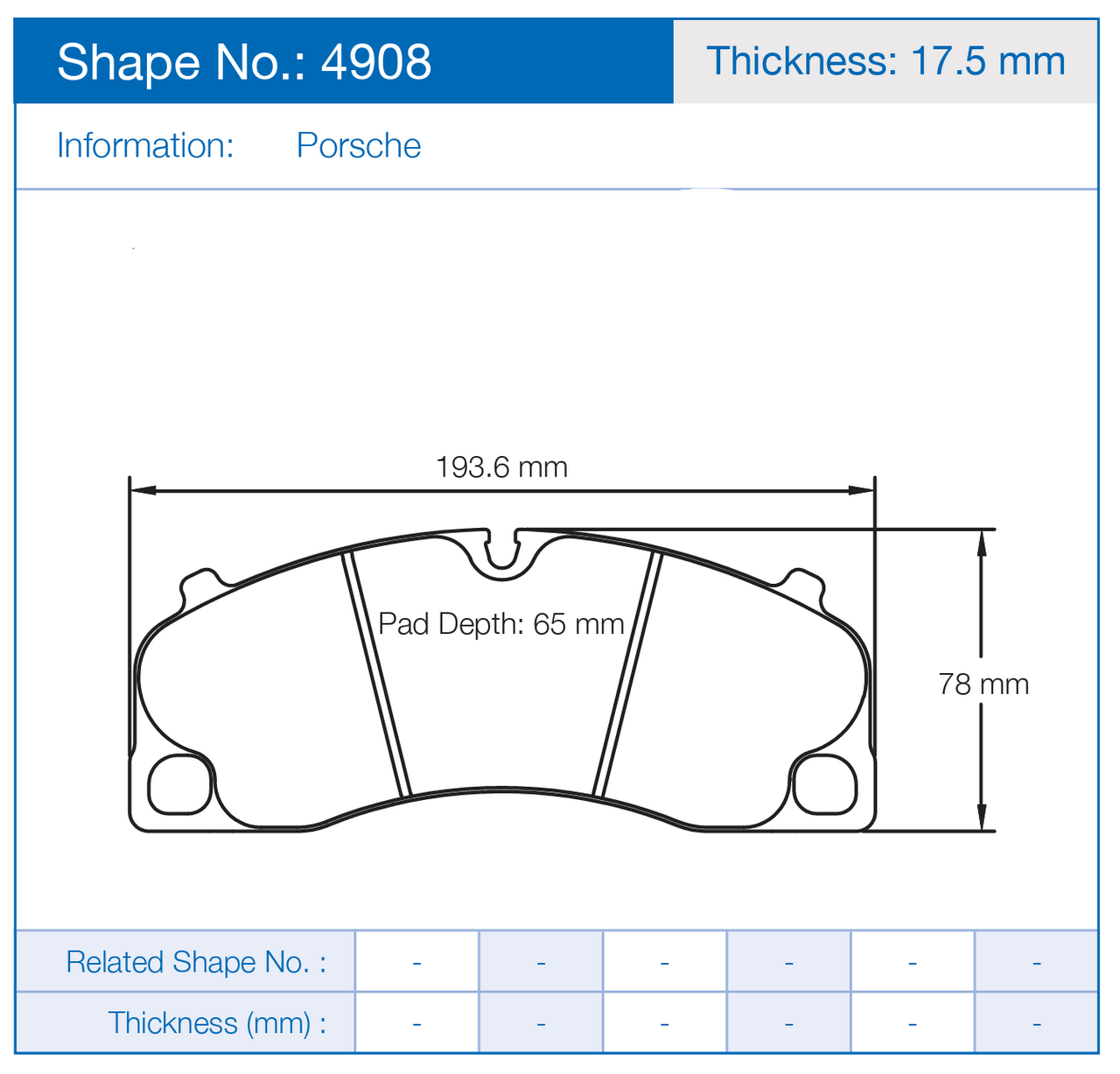 Technical diagram of a Porsche brake pad with dimensions and compound types.