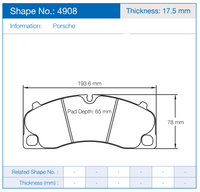 Thumbnail for Technical diagram of a Porsche brake pad with dimensions and compound types.