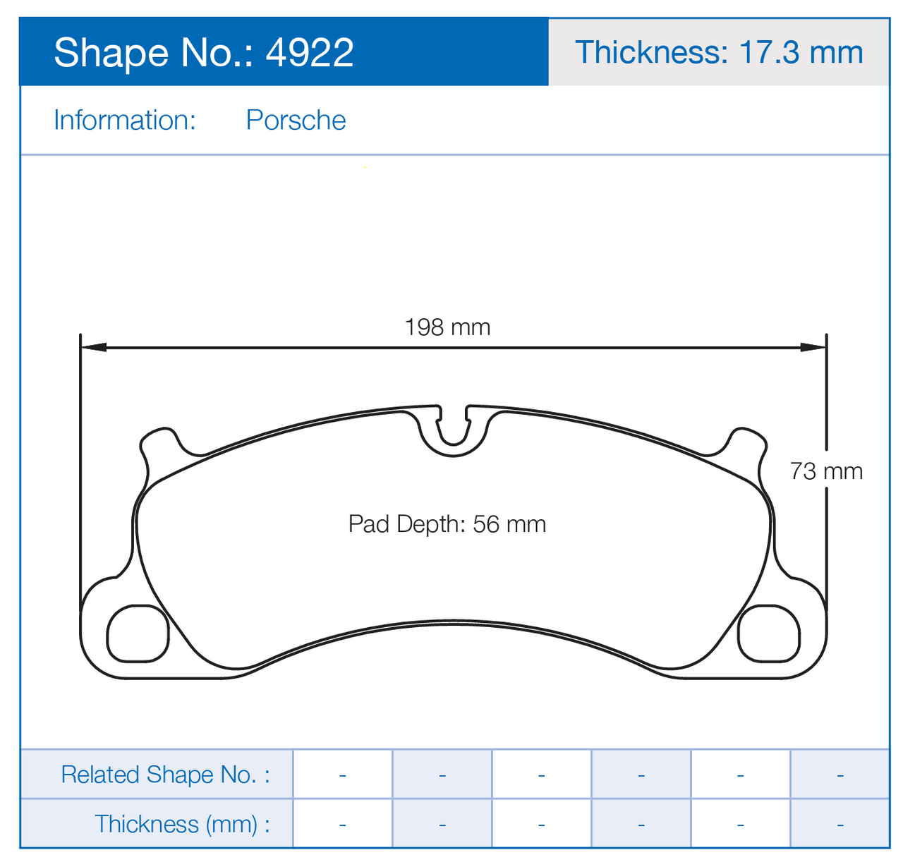 Brake pad with dimensions and specifications for Porsche, including shape number 4922 and thickness 17.3 mm.