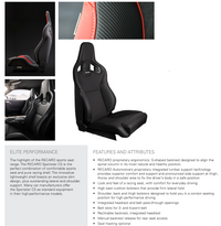 Thumbnail for A product information graphic for the Recaro Sportster CS racing shoe. The left side shows a pair of black high-top racing shoes worn on feet, with a close-up inset of the pink and black upper.
