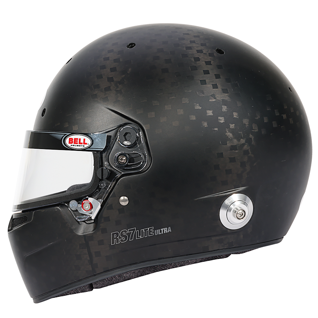 Bell RS7 Ultra helmet side profile highlighting sleek composite design and precision visor cutout 