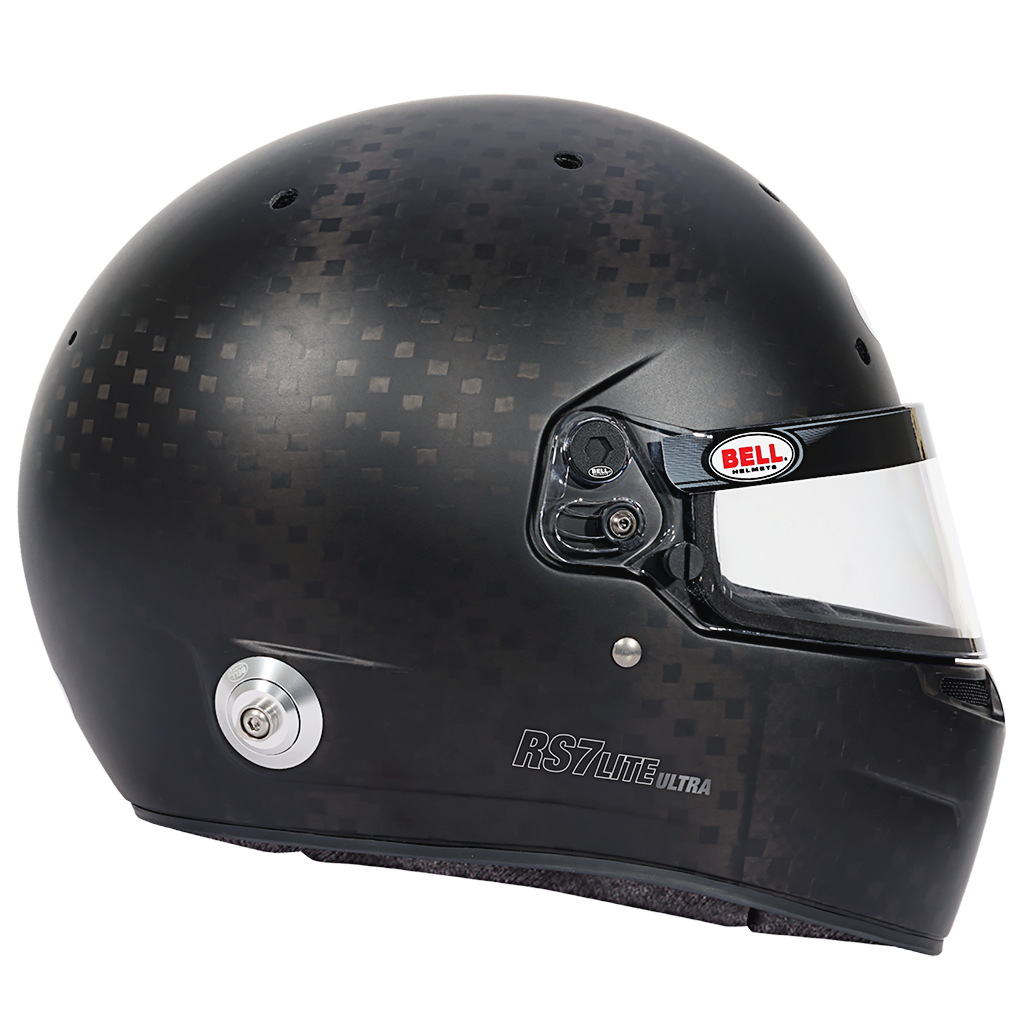 Bell RS7 Ultra motorsport helmet rear view showing integrated spoiler and airflow channels 