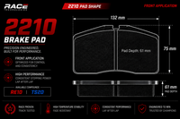 Thumbnail for Technical product graphic for a Race Technologies 2210 brake pad from Race Technologies, showing the pad shape with dimensions (132 mm width, 75 mm and 61 mm depth), material labels, and feature callouts on a black background.