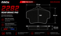 Thumbnail for Technical specification diagram of a RACE TECHNOLOGIES 2282 rear brake pad, showing dimensions of 121 mm width, 86 mm height, and 15.0 mm thickness, with available compounds RE10 and TS20 on a black background.