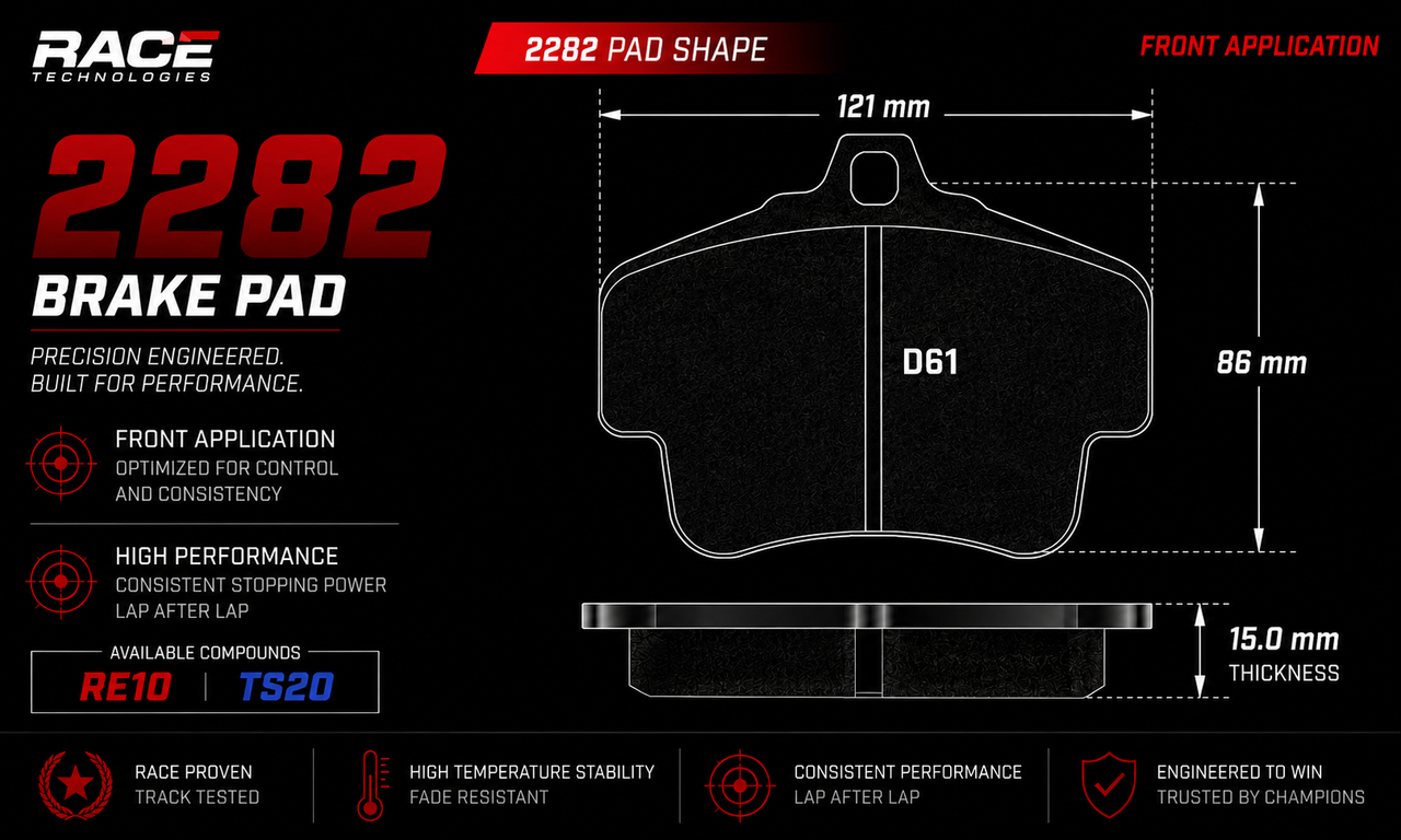 Technical specification diagram of a 2282 brake pad from Race Technologies, showing front application dimensions (121 mm, 86 mm, and 15.0 mm thickness) and available compounding options RE10 and TS20 on a black background.