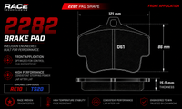 Thumbnail for Technical specification diagram of a 2282 brake pad from Race Technologies, showing front application dimensions (121 mm, 86 mm, and 15.0 mm thickness) and available compounding options RE10 and TS20 on a black background.