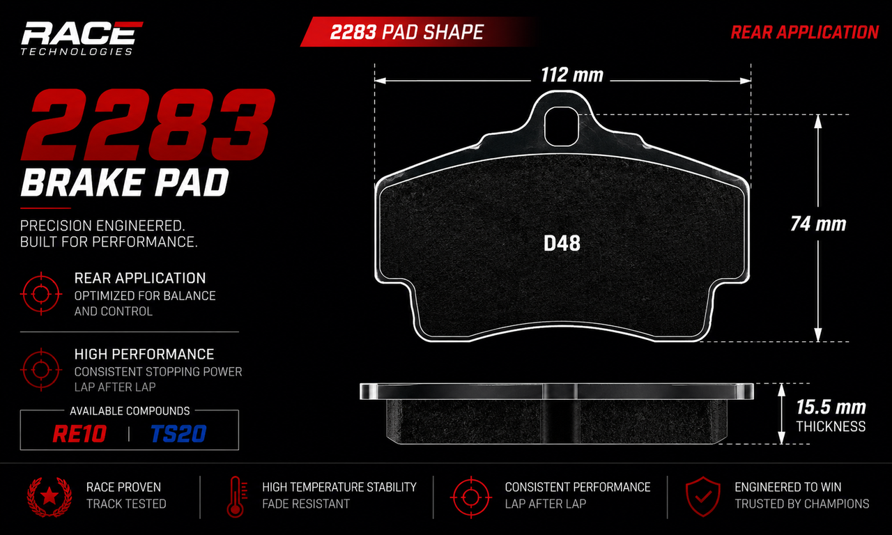 Technical product graphic for a RACE TECHNOLOGIES 2283 Brake Pad, showing the rear application shape with dimensions 112 mm, 74 mm, and 15.5 mm thickness on a black background with feature callouts.