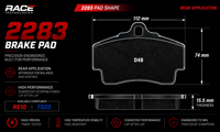 Thumbnail for Technical product graphic for a RACE TECHNOLOGIES 2283 Brake Pad, showing the rear application shape with dimensions 112 mm, 74 mm, and 15.5 mm thickness on a black background with feature callouts.