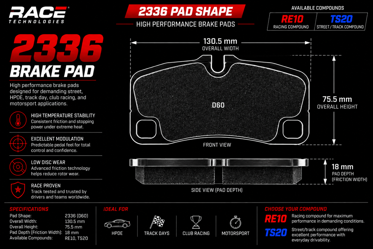 Technical specification sheet for a 2336 brake pad by Race Technology, showing front and side views with dimensions, performance features, and available compounds RE10 and TS20.