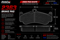 Thumbnail for Technical specification graphic for a 2363 brake pad by Race Technologies, showing the pad shape with dimensions (190 mm, 102 mm, 66 mm), feature callouts, available compounds RE10 and TS20, and application categories.