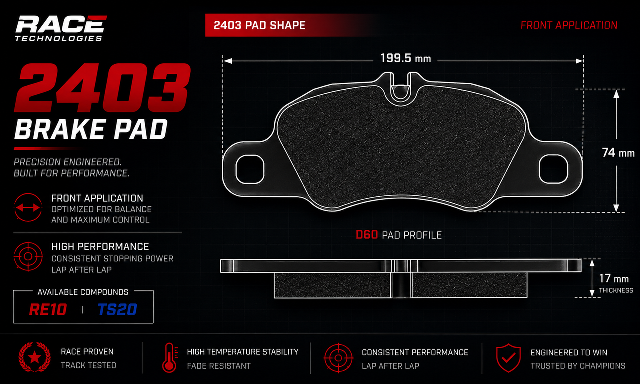 Technical specification graphic for a 2403 Brake Pad from Race Technologies, showing front application dimensions, pad profile measurements, and feature callouts on a black background.