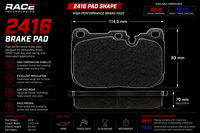 Thumbnail for A technical product graphic for Race Technologies 2416 brake pad by Race Technologies, showing the pad shape with dimensions (114.5 mm width, 83 mm height, 70 mm pad depth) on a black background with red and white text and feature callouts.